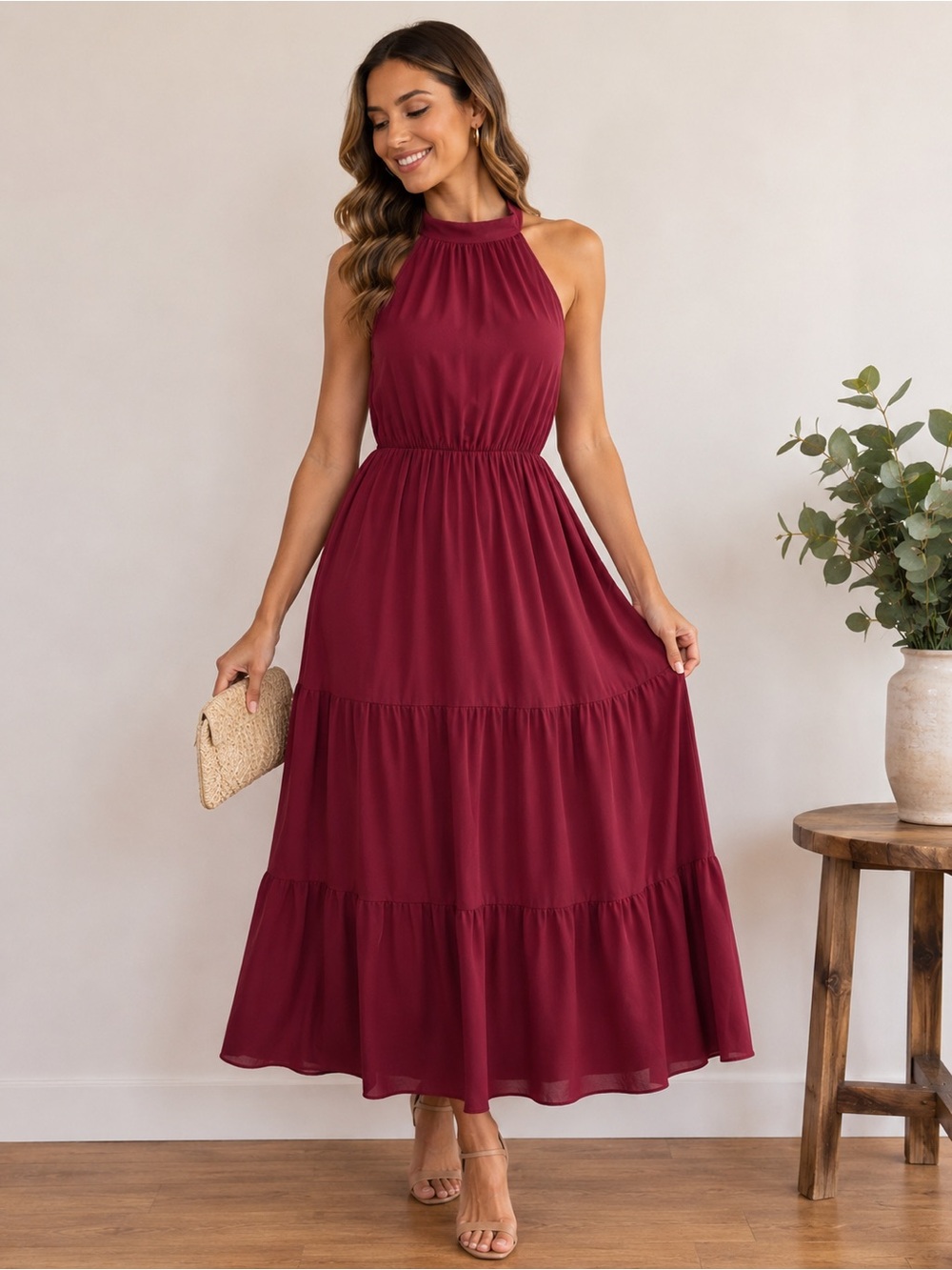 Minipeach Burgundy Halter Maxi Dress Size S Tiered Sleeveless Flowy